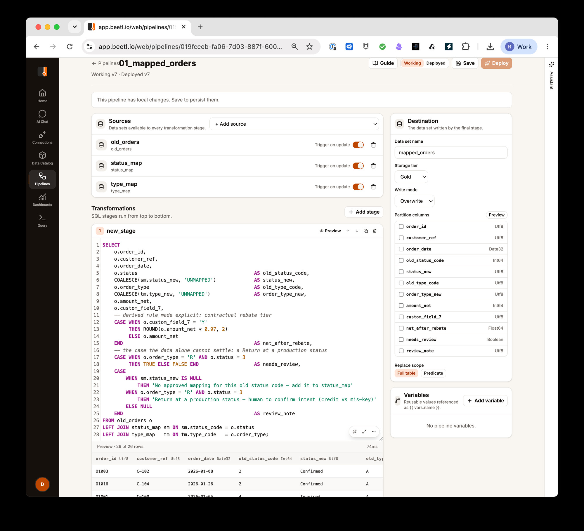 Beetl pipeline builder for the mapped_orders pipeline: three source datasets, old_orders, status_map and type_map, feed one explicit SQL transformation stage that maps the old status and type codes to new labels, makes the rebate rule explicit, and flags rows that need human review. The stage carries Working and Deployed versions and writes a Gold dataset named mapped_orders.