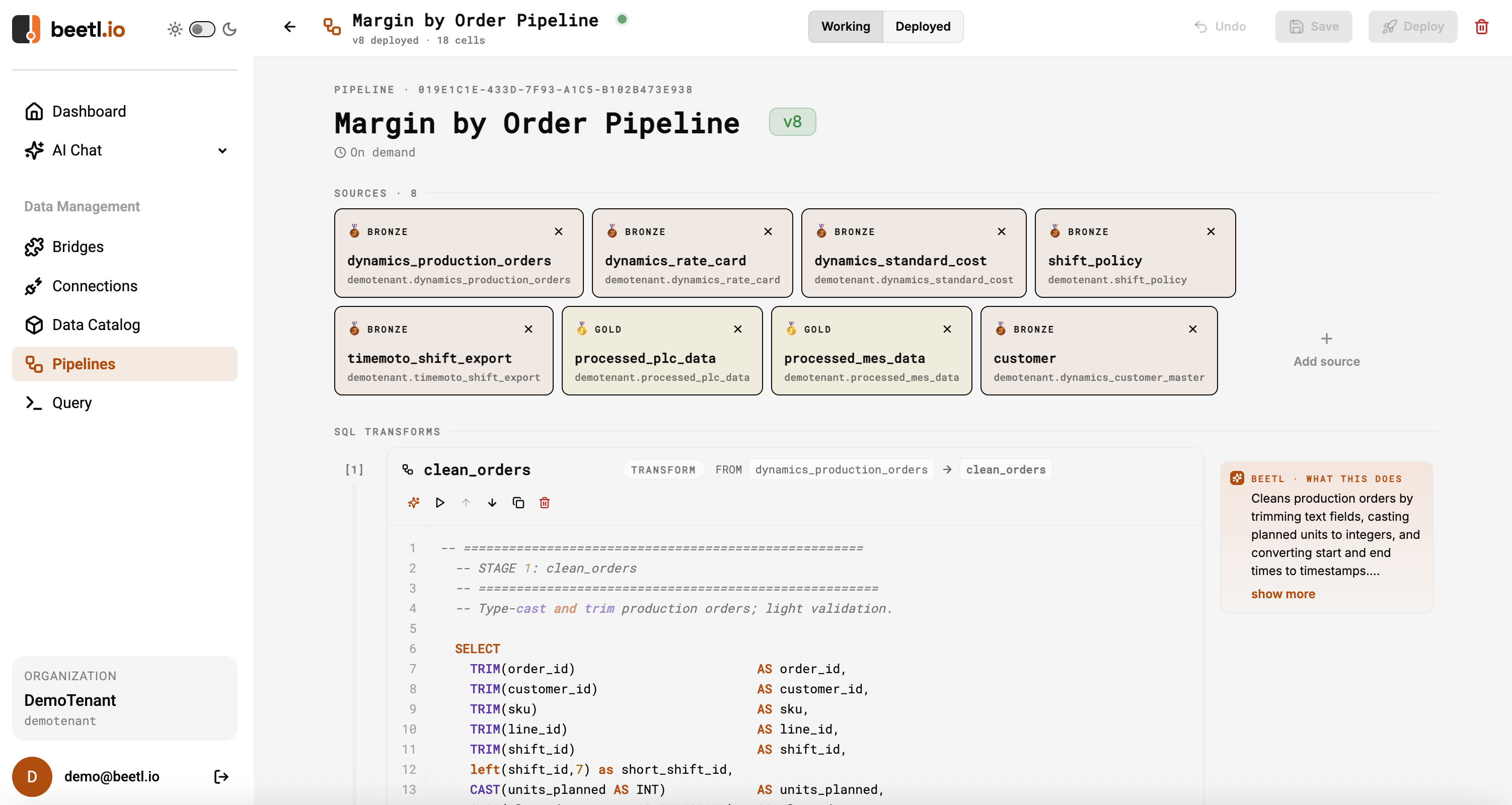 Die Margin-by-Order-Pipeline. Acht vorgelagerte Quellen, darunter Dynamics-365-Produktionsaufträge, die Rate Card, der Standardkostenstamm, die Schichtrichtlinie, der TimeMoto-Zeiterfassungsexport sowie die Silver-Layer-Tabellen für SPS und MES, speisen eine SQL-Pipeline mit achtzehn Zellen. Diese Pipeline ist der semantische Join, auf den die Margenkennzahl zugreift.