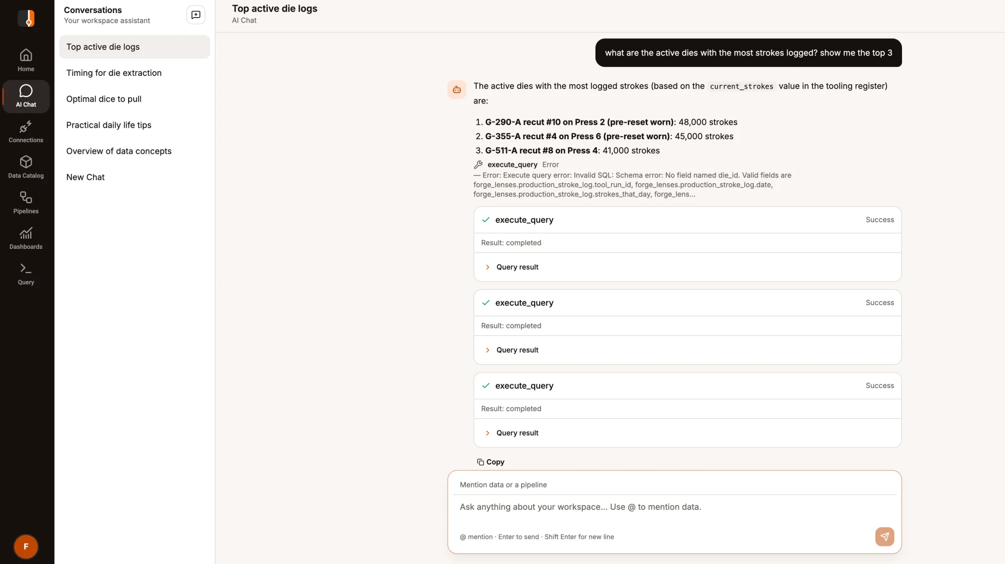 Beetl's AI assistant answering a question about the most active production dies. The answer is shown alongside the query tools it used, including an unsuccessful first query and the successful queries that followed. The visible tool activity makes the result inspectable.