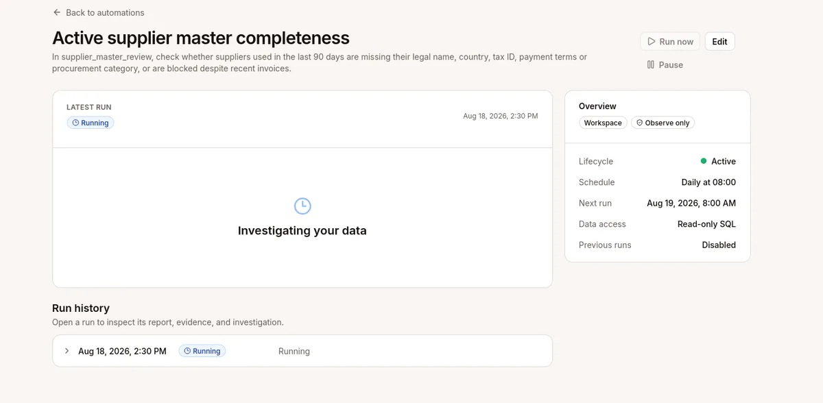 Die Automation Active supplier master completeness im Status Running, während Beetl die Daten untersucht.