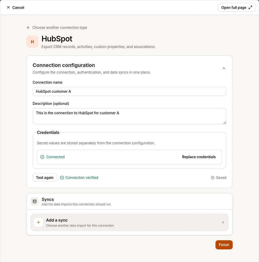 Einrichtung einer HubSpot-Verbindung in Beetl. Die Verbindung wurde geprüft, ihre Zugangsdaten werden getrennt von der Konfiguration gespeichert.