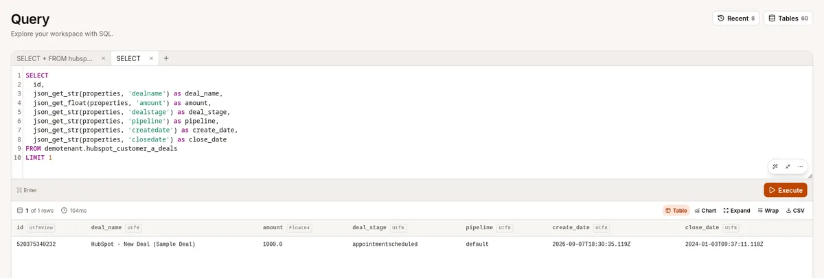 Der Query Editor in Beetl liest Name, Betrag, Phase, Pipeline und Datumsfelder eines Beispiel-Deals aus den importierten HubSpot-Daten.