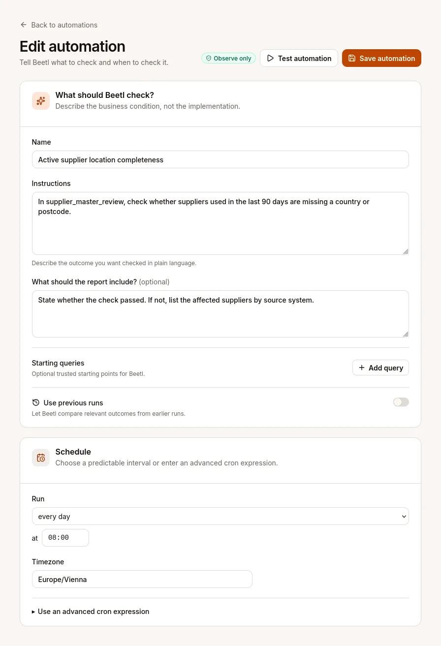 Die Automation Active supplier location completeness mit einem in eigenen Worten beschriebenen Check, einem täglichen Zeitplan für 08:00 Uhr und reinem Lesezugriff.